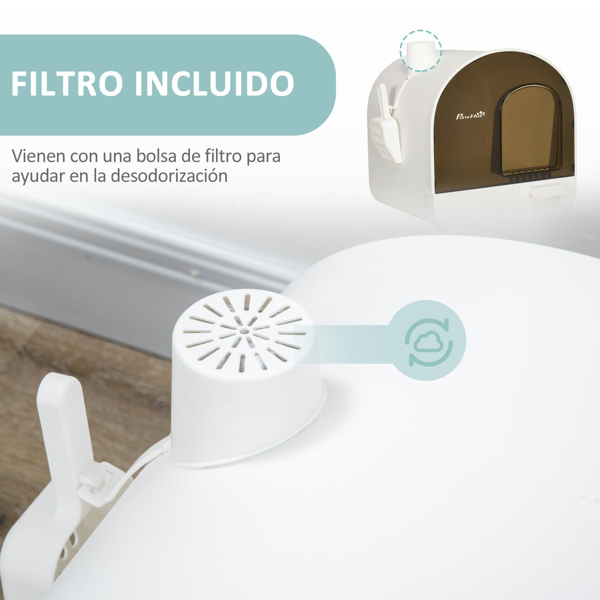 Arenero para gatos Mawi PawHut bandeja extraíble + filtros blanco 47x43x44 cm