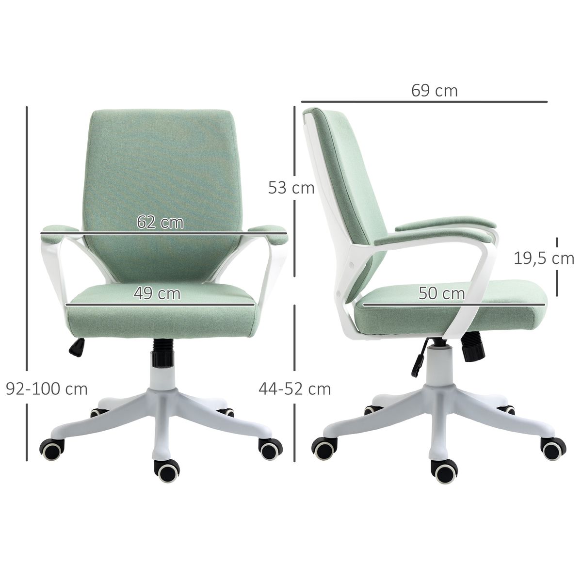 Silla de oficina Rima Vinsetto con reposabrazos verde 92-100x62x69 cm medidas