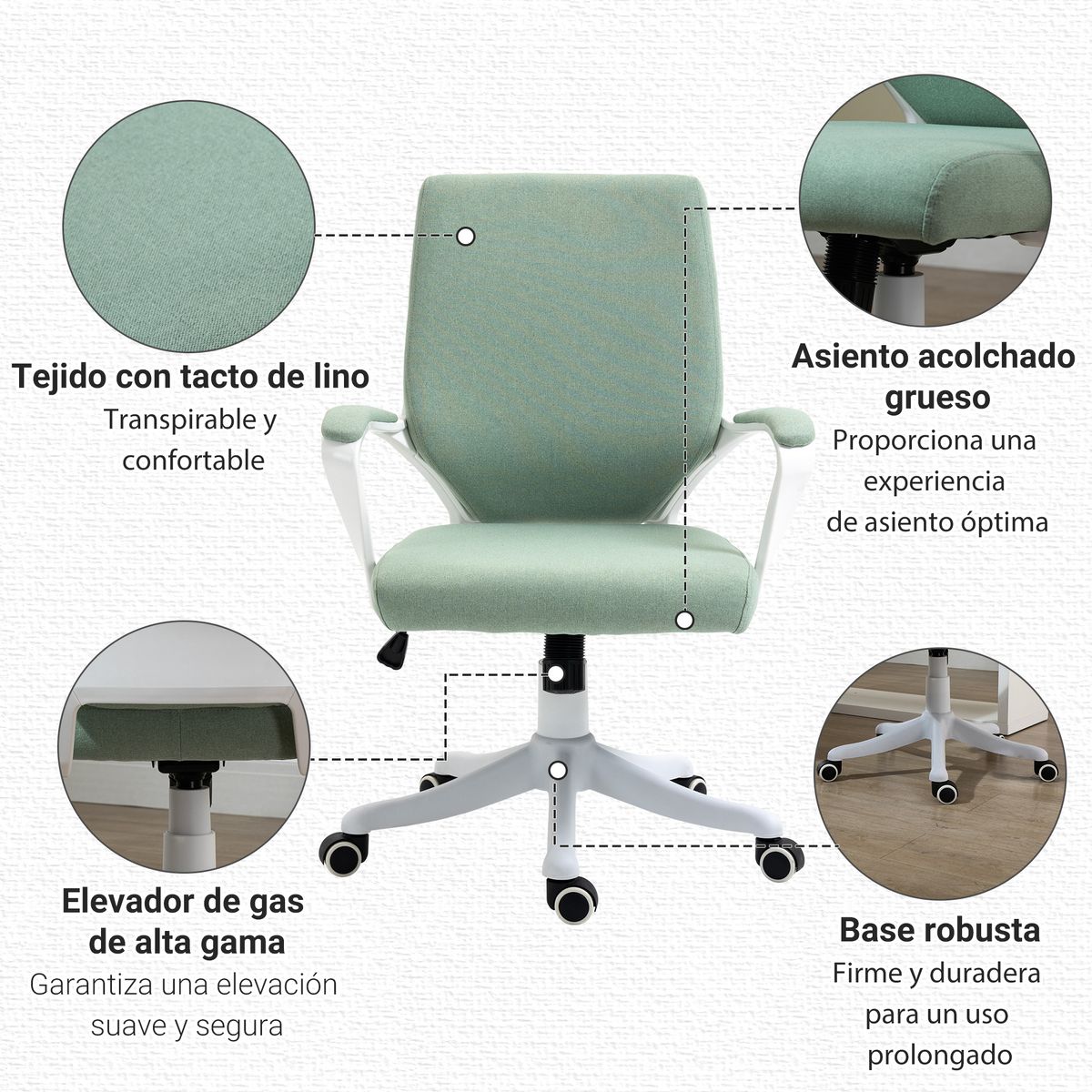 Silla de oficina Rima Vinsetto con reposabrazos verde 92-100x62x69 cm detalles