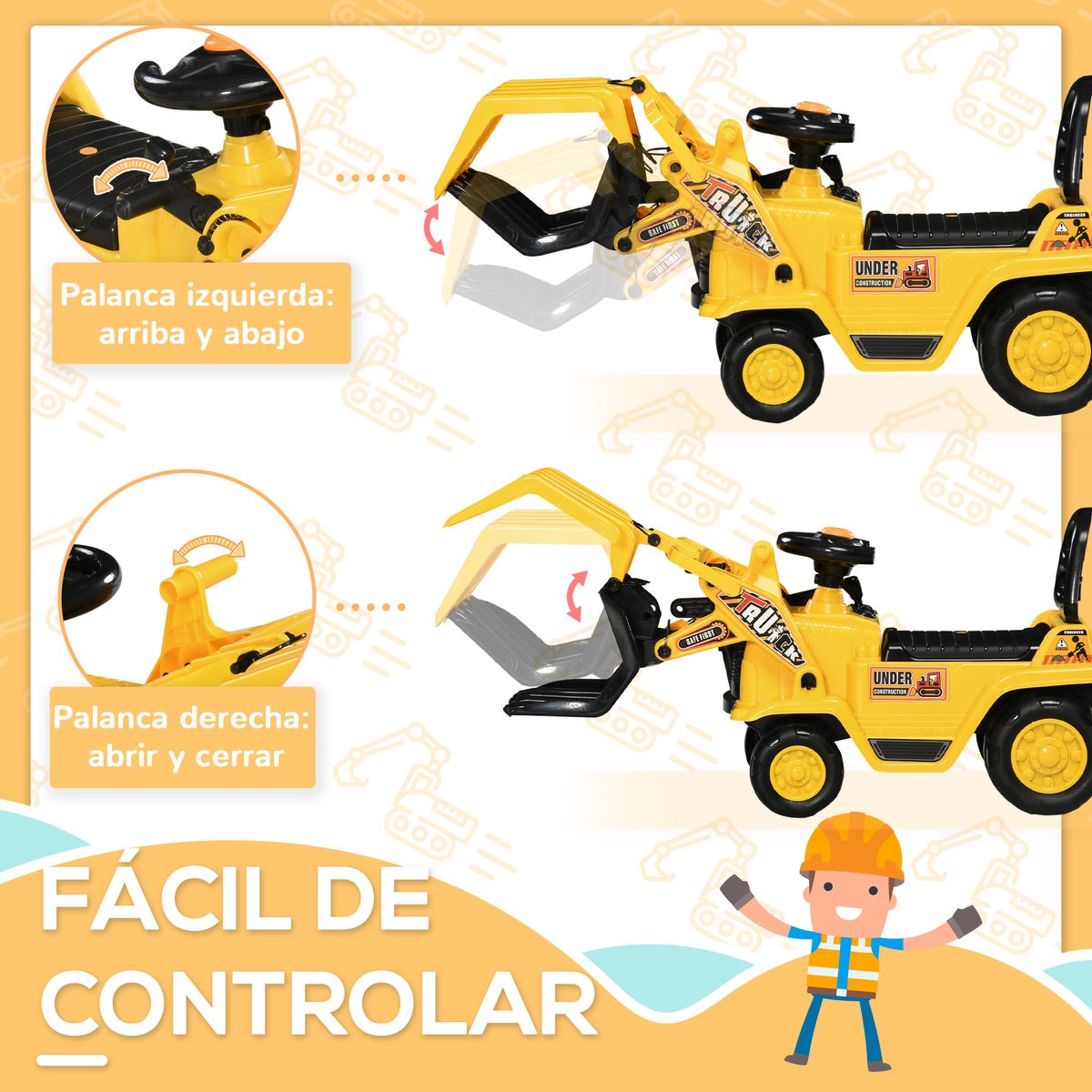 Tractor correpasillos Truck Homcom con bocina +3A amarillo 39x83x27 cm web