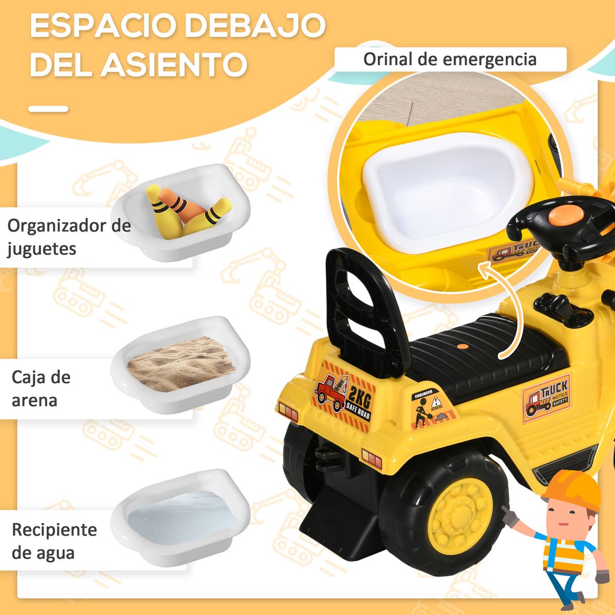 Tractor correpasillos Truck Homcom con bocina +3A amarillo 39x83x27 cm