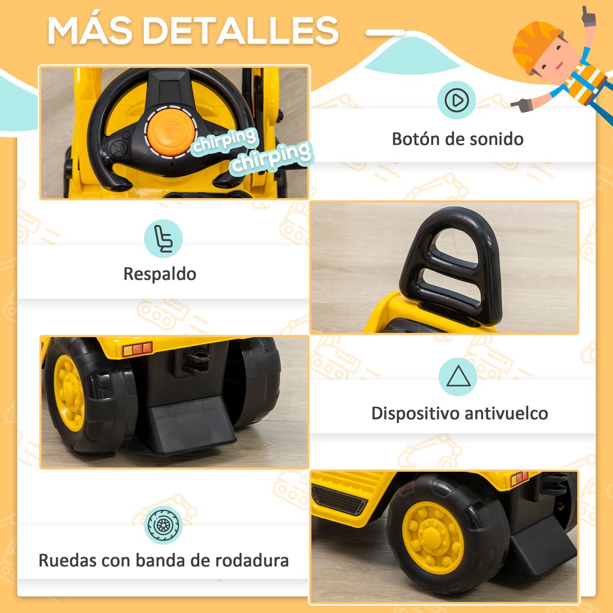 Tractor correpasillos Truck Homcom con bocina +3A amarillo 39x83x27 cm
