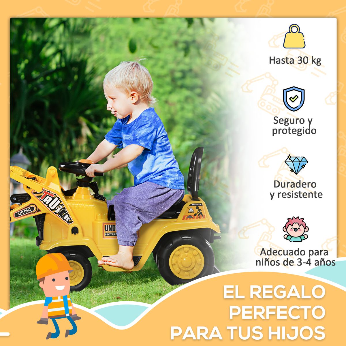 Tractor correpasillos Truck Homcom con bocina +3A amarillo 39x83x27 cm