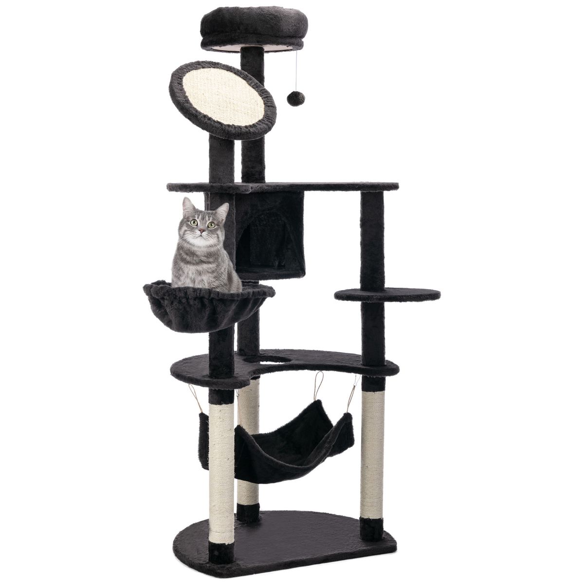 Árbol rascador Aracna PawHut 2 hamacas + cueva + rascador + bola + 3 plataformas gris ocuro 153x6450 cm