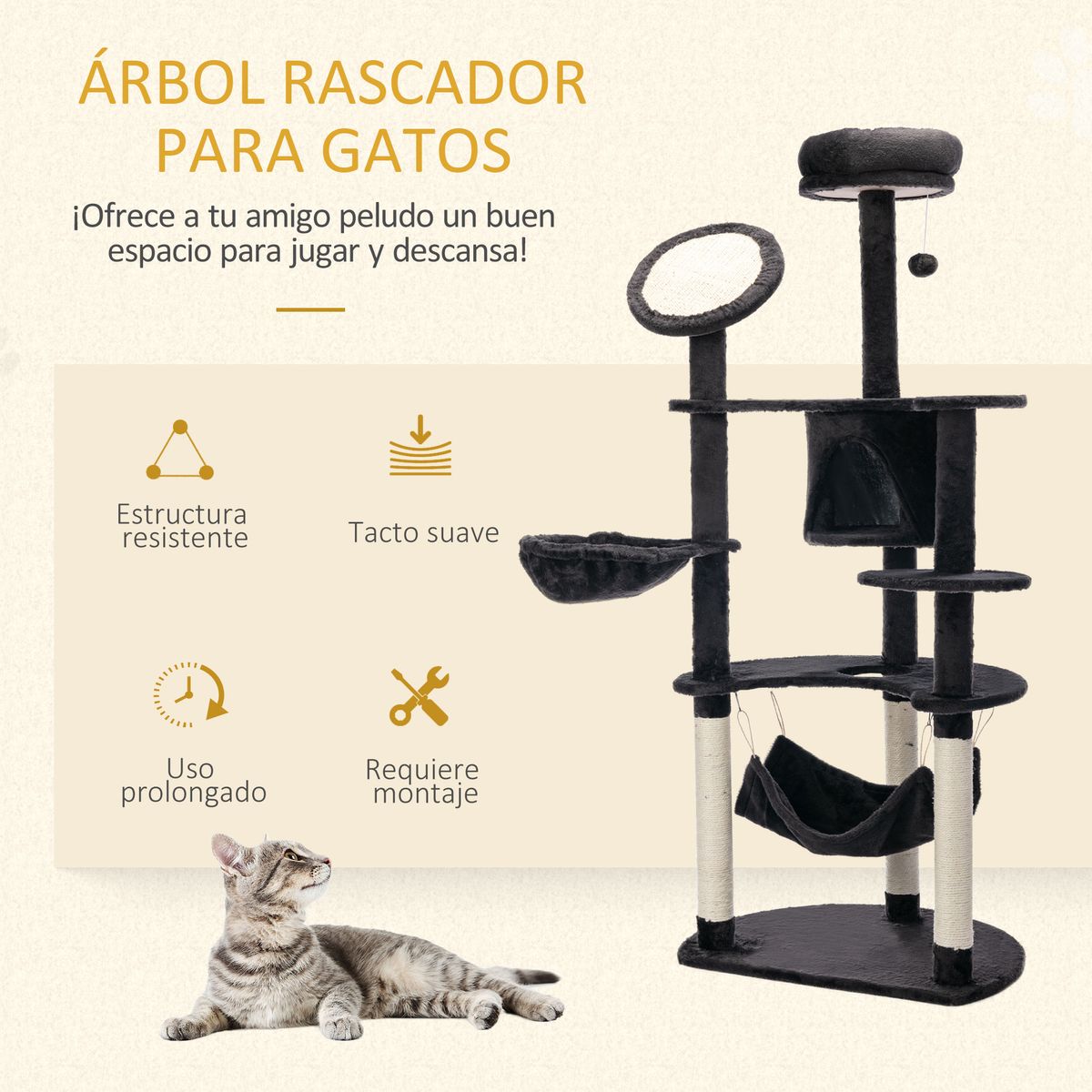 Árbol rascador Aracna PawHut 2 hamacas + cueva + rascador + bola + 3 plataformas gris ocuro 153x6450 cm
