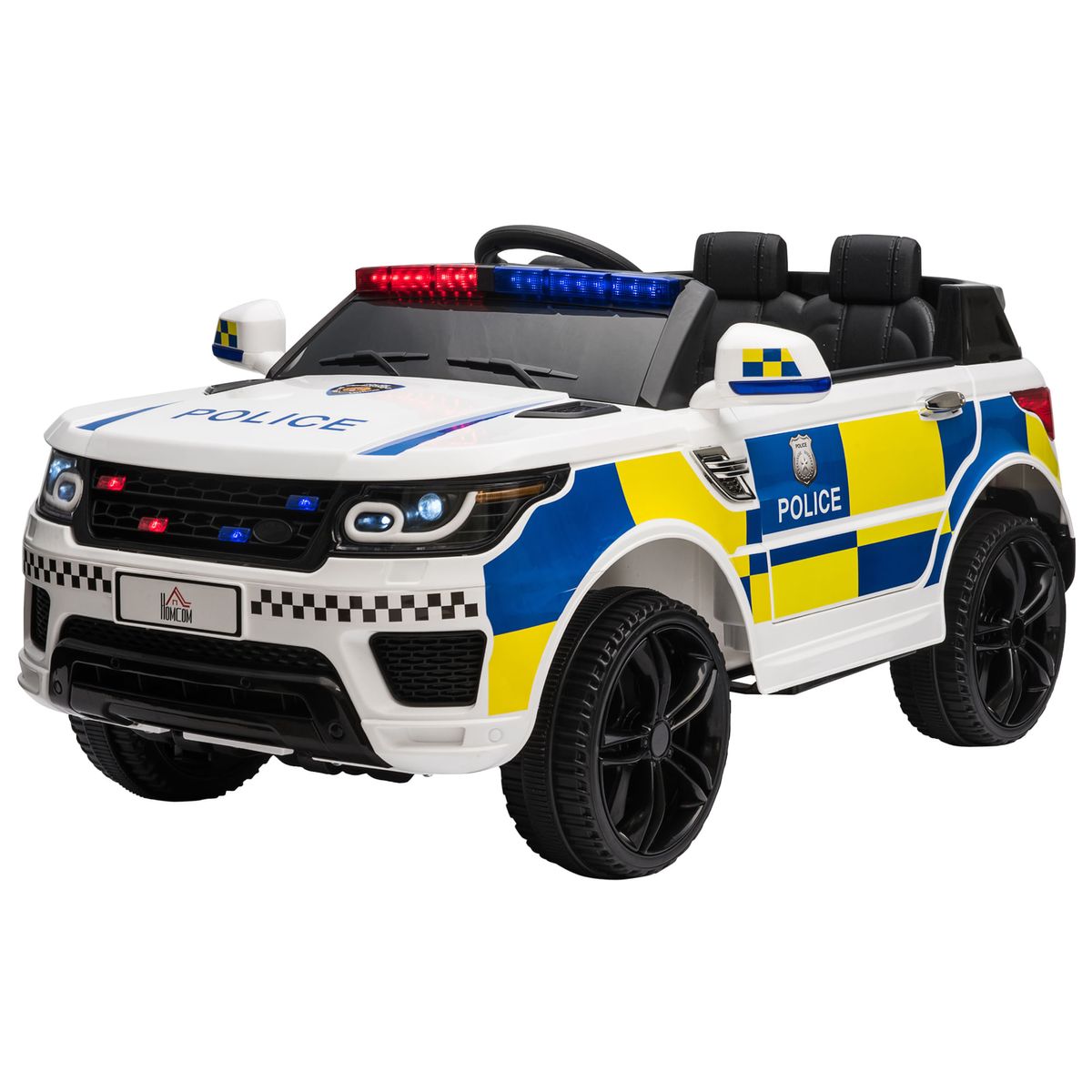 Coche eléctrico Police Homcom con mando a distancia + luz LED + sirena blanco  52x110x68 cm fondo blanco