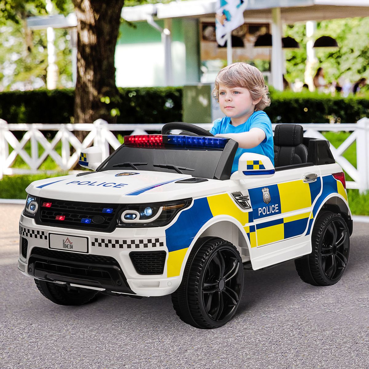 Coche eléctrico Police Homcom con mando a distancia + luz LED + sirena blanco animada  52x110x68 cm animada