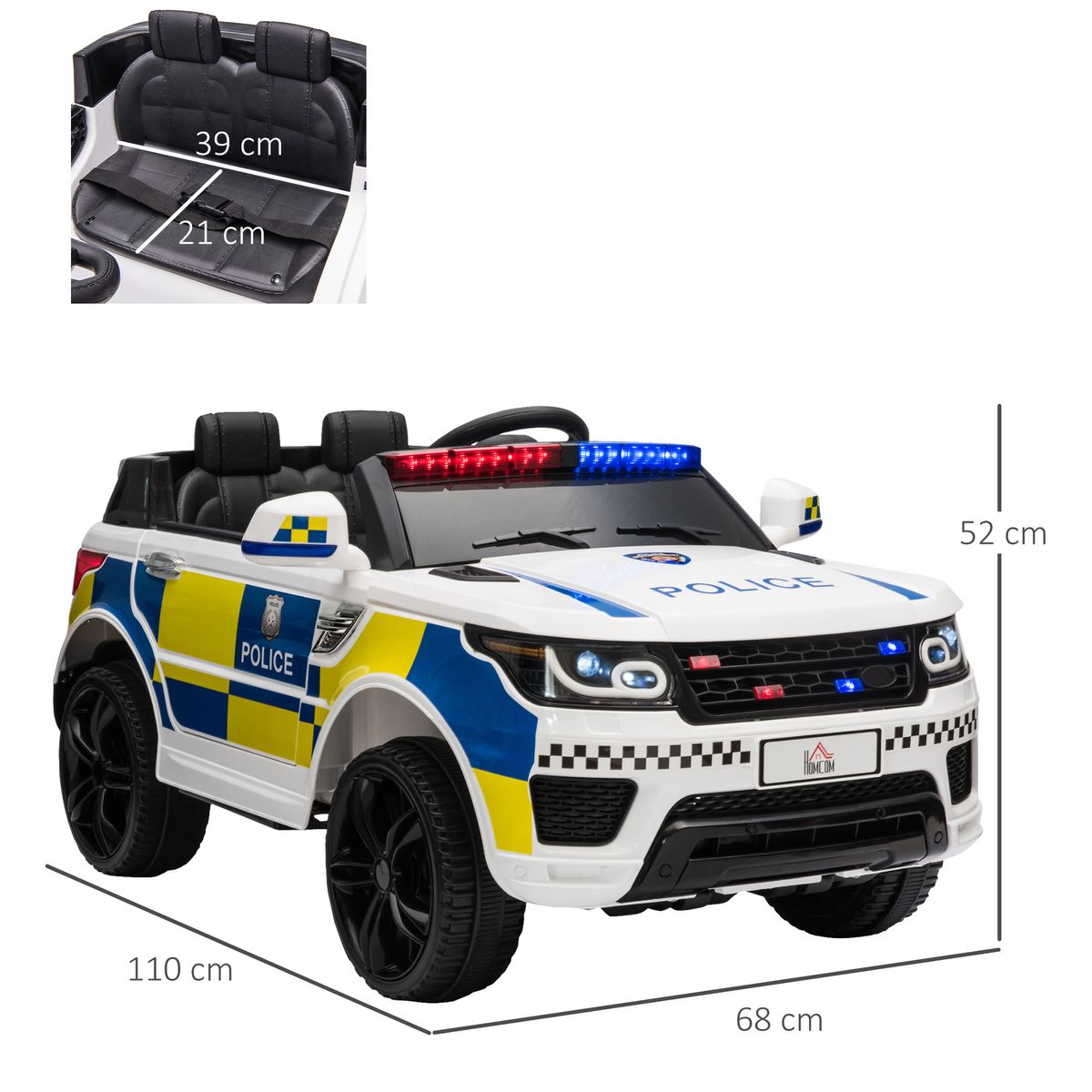 Coche eléctrico Police Homcom con mando a distancia + luz LED + sirena blanco  52x110x68 cm medidas medidas