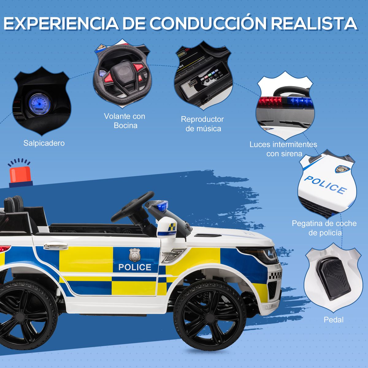 Coche eléctrico Police Homcom con mando a distancia + luz LED + sirena blanco  52x110x68 cm web