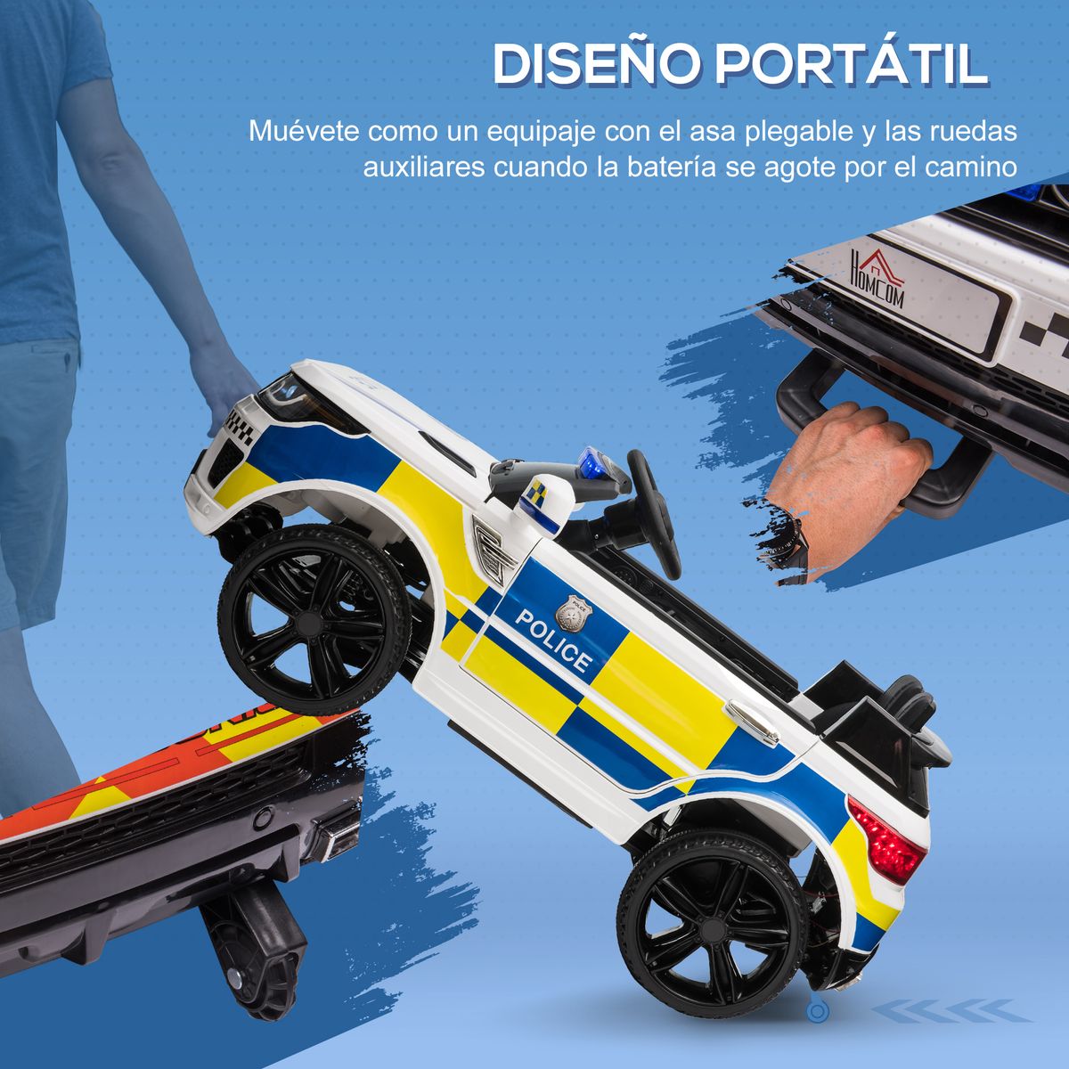Coche eléctrico Police Homcom con mando a distancia + luz LED + sirena blanco  52x110x68 cm