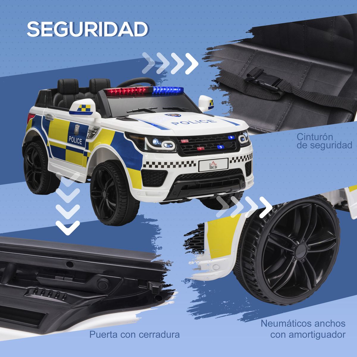 Coche eléctrico Police Homcom con mando a distancia + luz LED + sirena blanco  52x110x68 cm