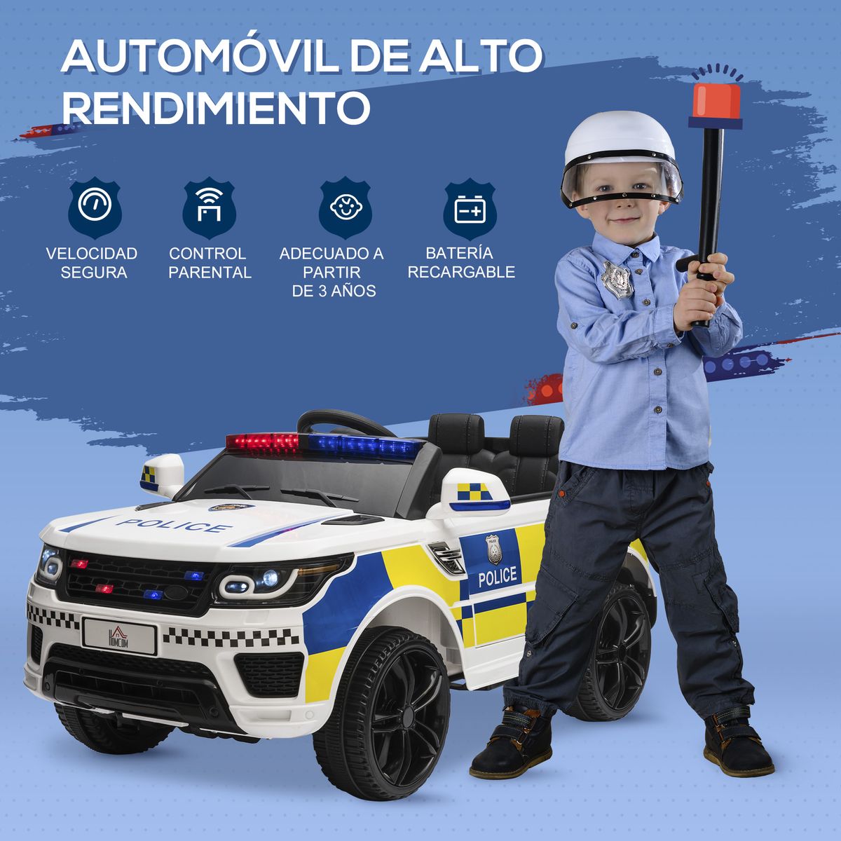 Coche eléctrico Police Homcom con mando a distancia + luz LED + sirena blanco  52x110x68 cm