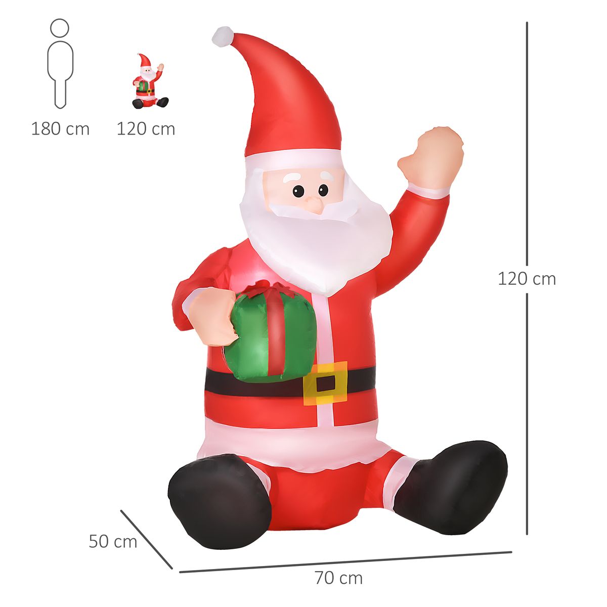 Papá Noel hinchable Homcom con LED rojo/blanco 120x70x50 cm medidas