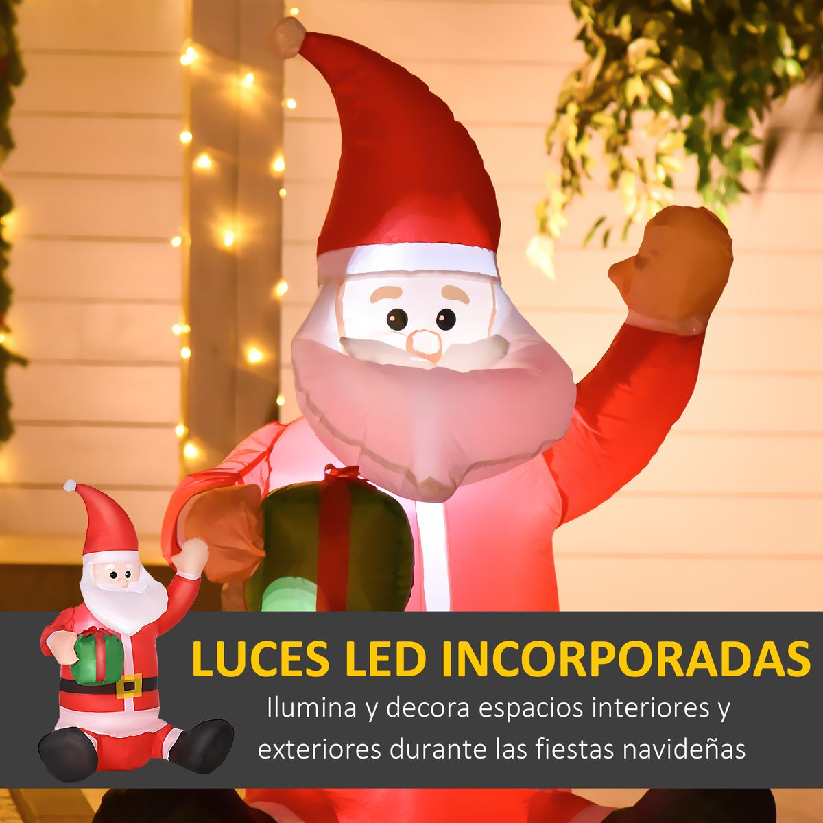 Papá Noel hinchable Homcom con LED rojo/blanco 120x70x50 cm