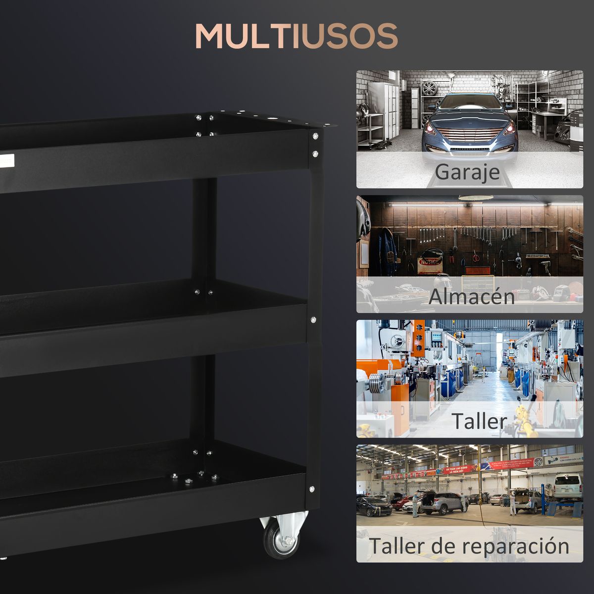 Carro de herramientas Durhand 3 niveles + asa con ruedas negro 76x83x35,3 cm caracteristicas