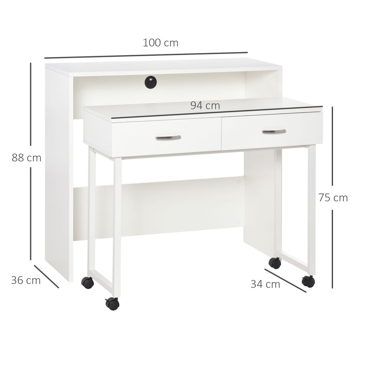 Escritorio apilable Nieves Homcom 2 mesas + 2 cajones con ruedas blanco 88x100x36 cm medidas