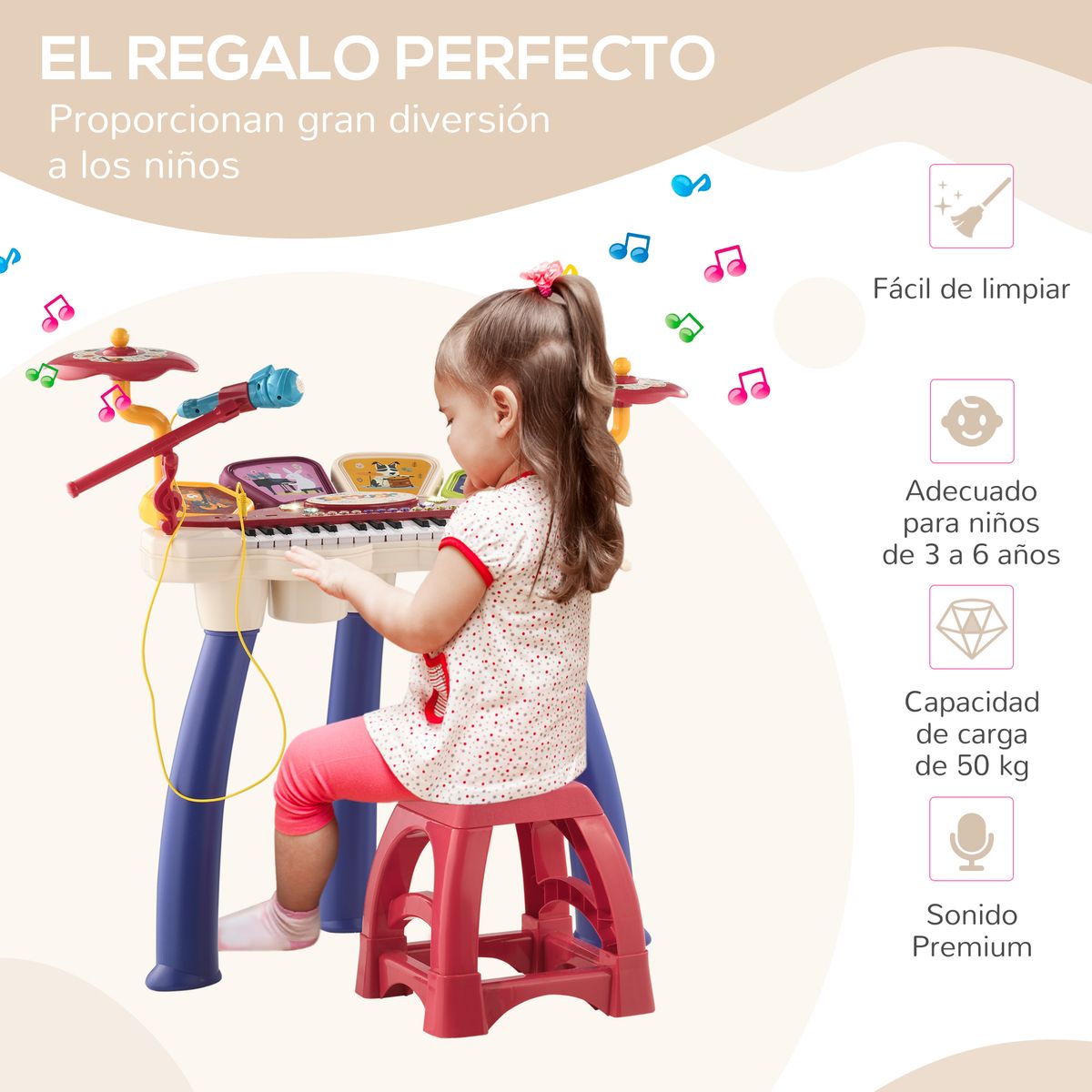 Piano infantil Mermaid Aiyaplay con micrófono + 19 canciones multicolor 71x74x32,2 cm