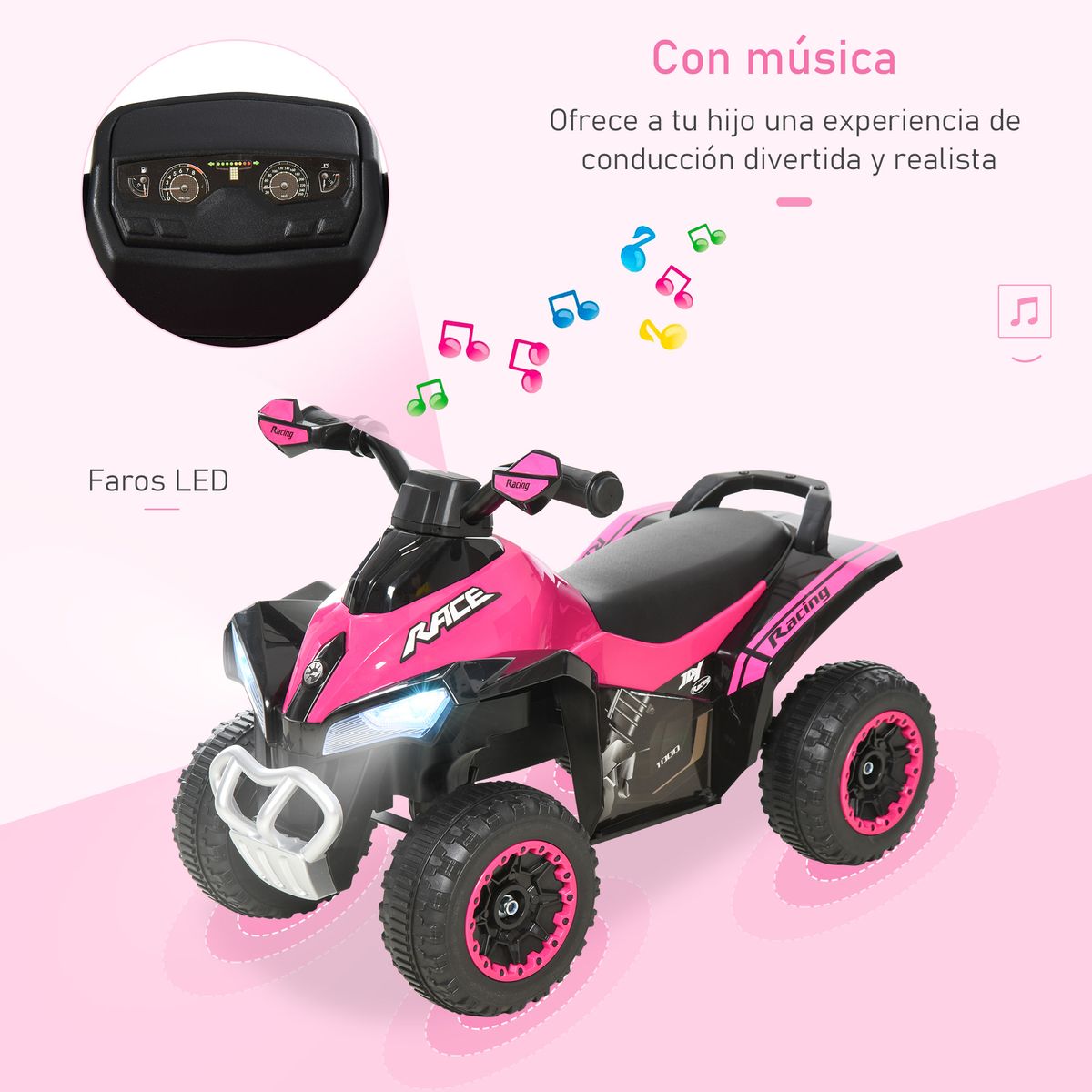 Quad correpasillos Cruiser Homcom luces LED + 3 melodías rosa 44x38x67,5 cm
