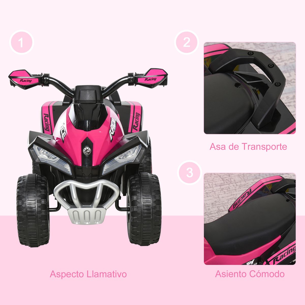 Quad correpasillos Cruiser Homcom luces LED + 3 melodías rosa 44x38x67,5 cm