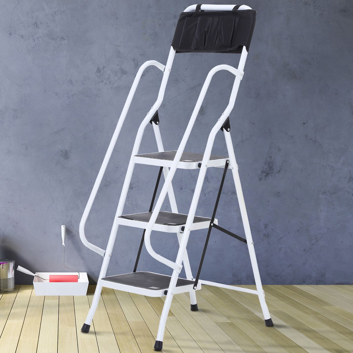 Escalera de trabajo Homcom plegable 3 peldaños blanco/negro 131x51x66 cm animada