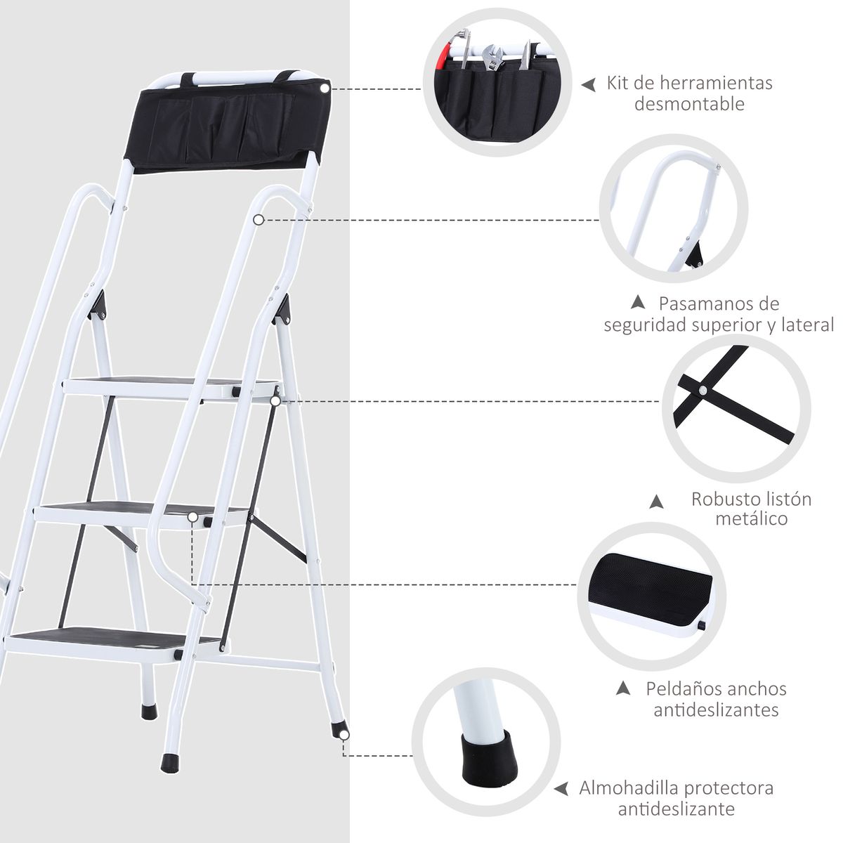 Escalera de trabajo Homcom plegable 3 peldaños blanco/negro 131x51x66 cm web