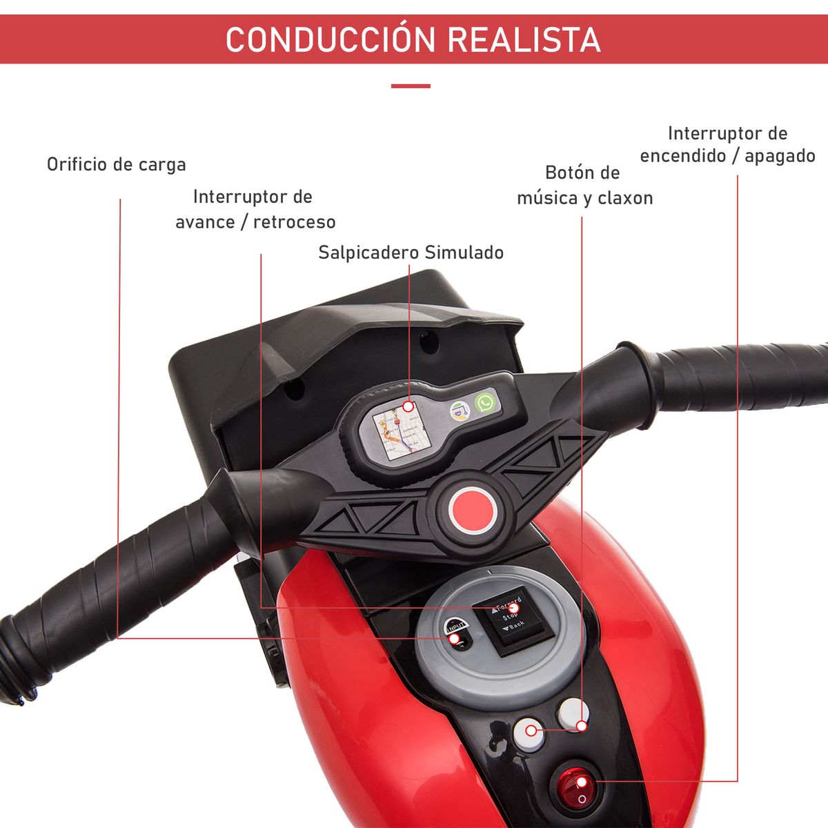 Moto eléctrica Broom Homcom con luces + bocina + música rojo 52x86x42 cm manillar