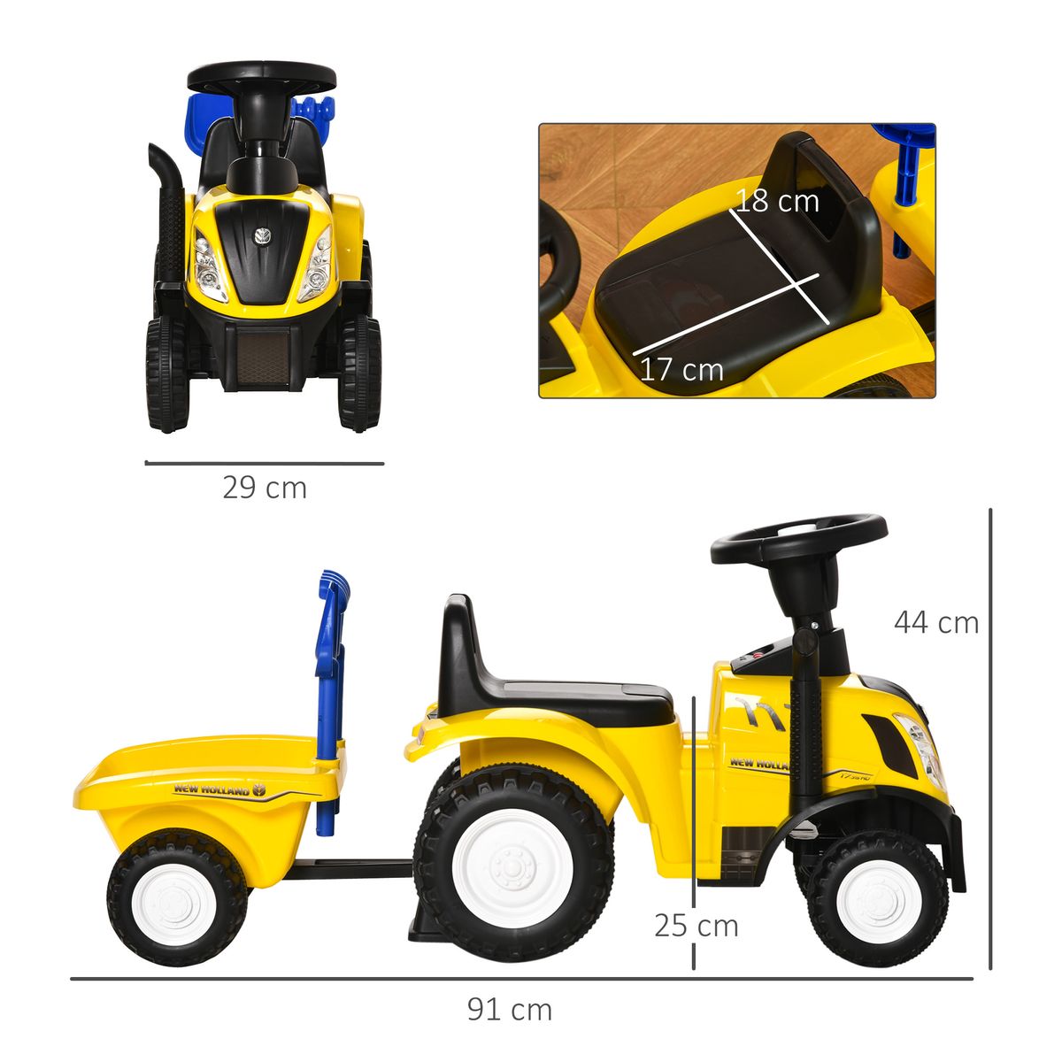 Tractor infantil Homcom con remolque desmontable 1-3 años amarillo 44x91x29 cm medidas