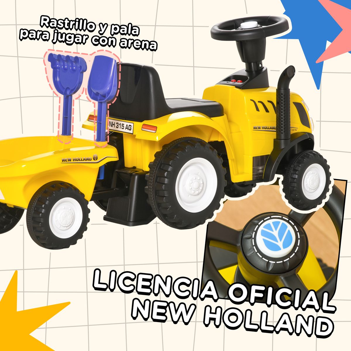 Tractor infantil Homcom con remolque desmontable 1-3 años amarillo 44x91x29 cm