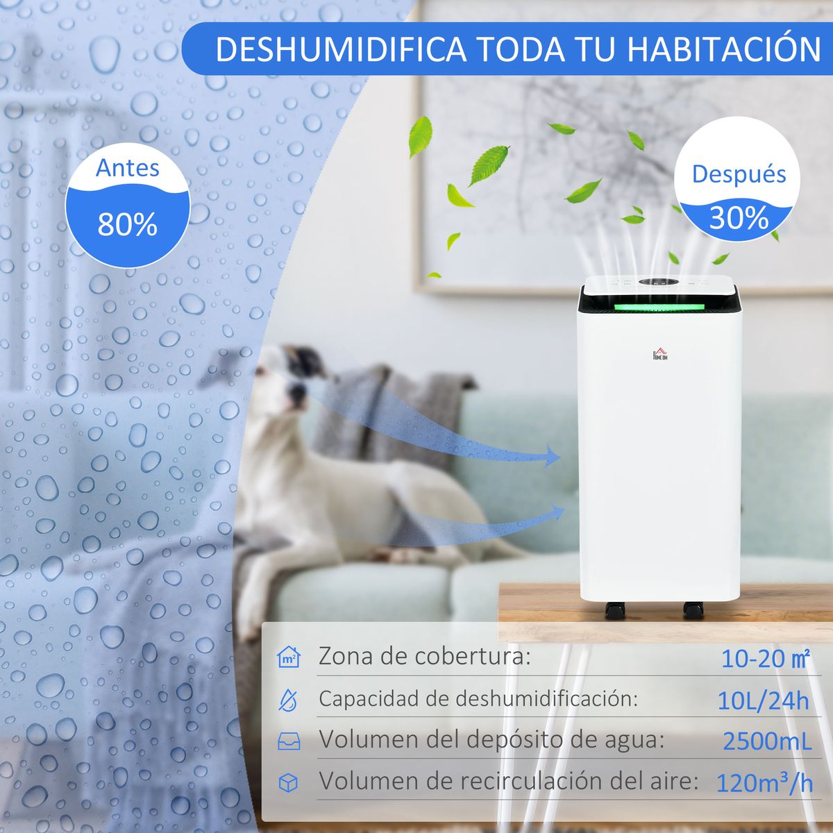 Deshumidificador eléctrico Homcom 10L 2 velocidades 5 modos blanco 50,5x25 cm web