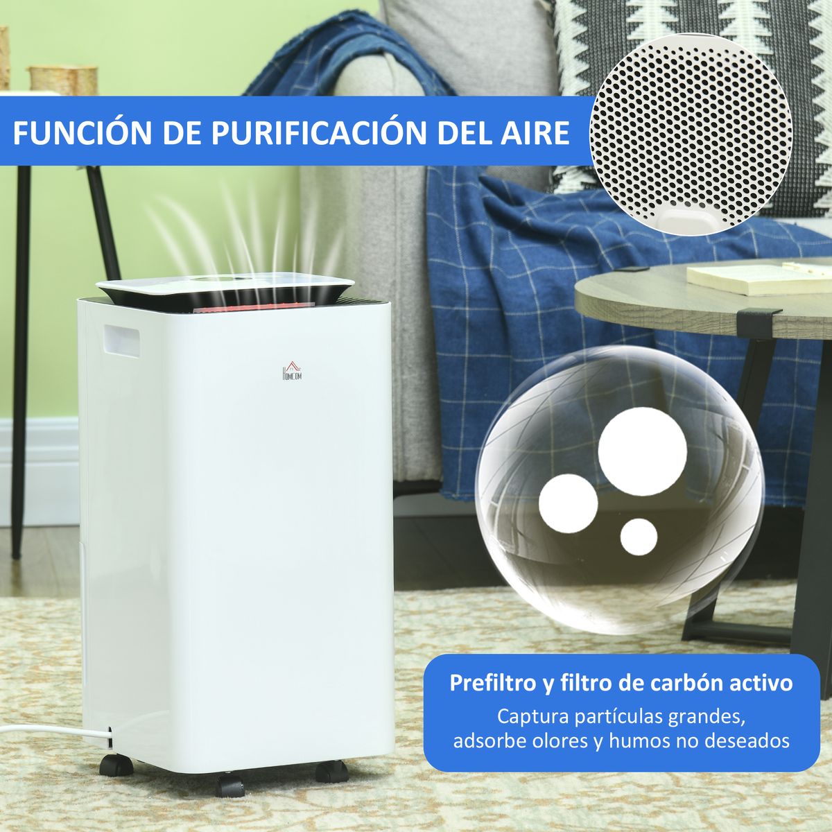 Deshumidificador eléctrico Homcom 10L 2 velocidades 5 modos blanco 50,5x25 cm detalle
