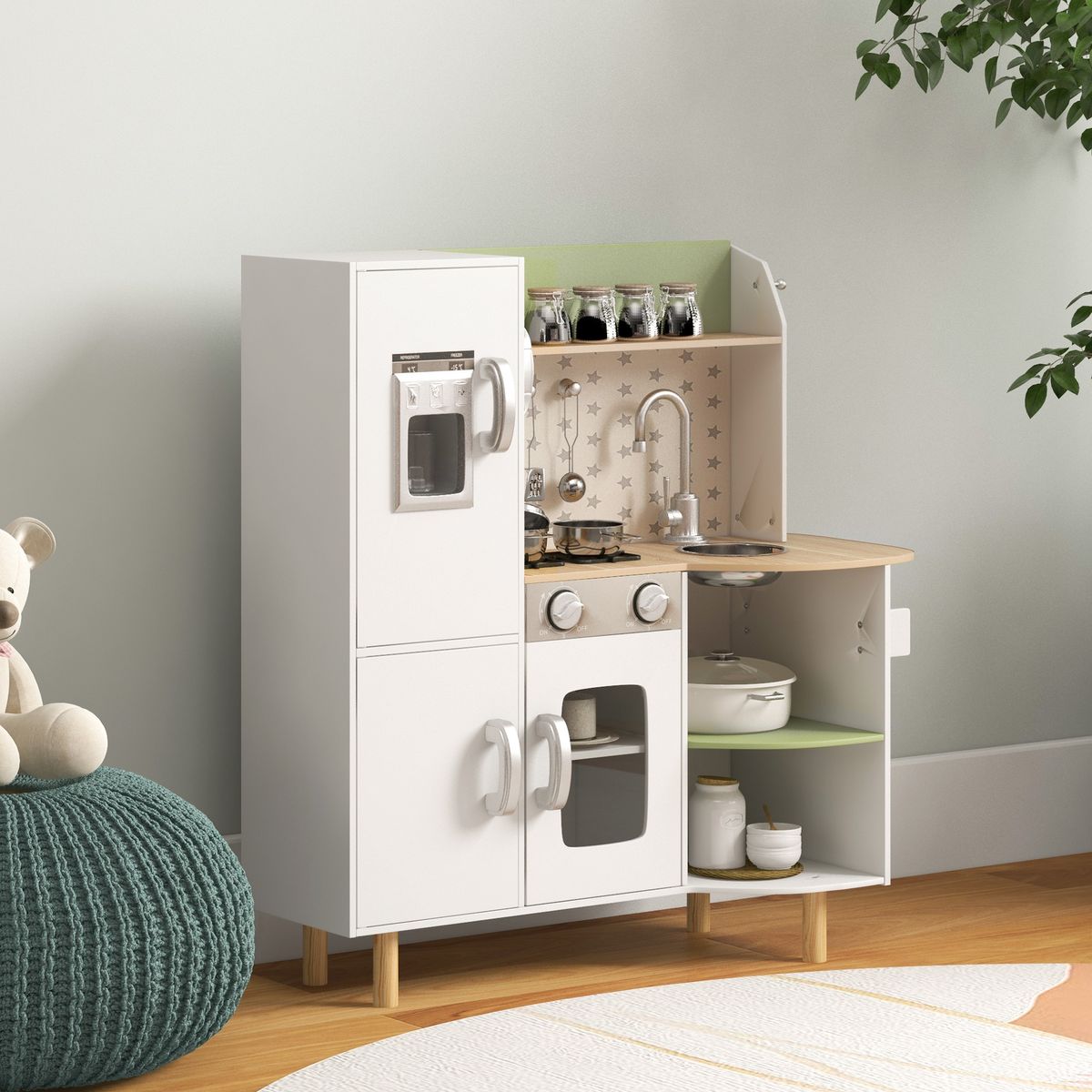 Cocinita infantil Aiyaplay con utensilios madera 3-6A blanco 89x84x34 cm animada