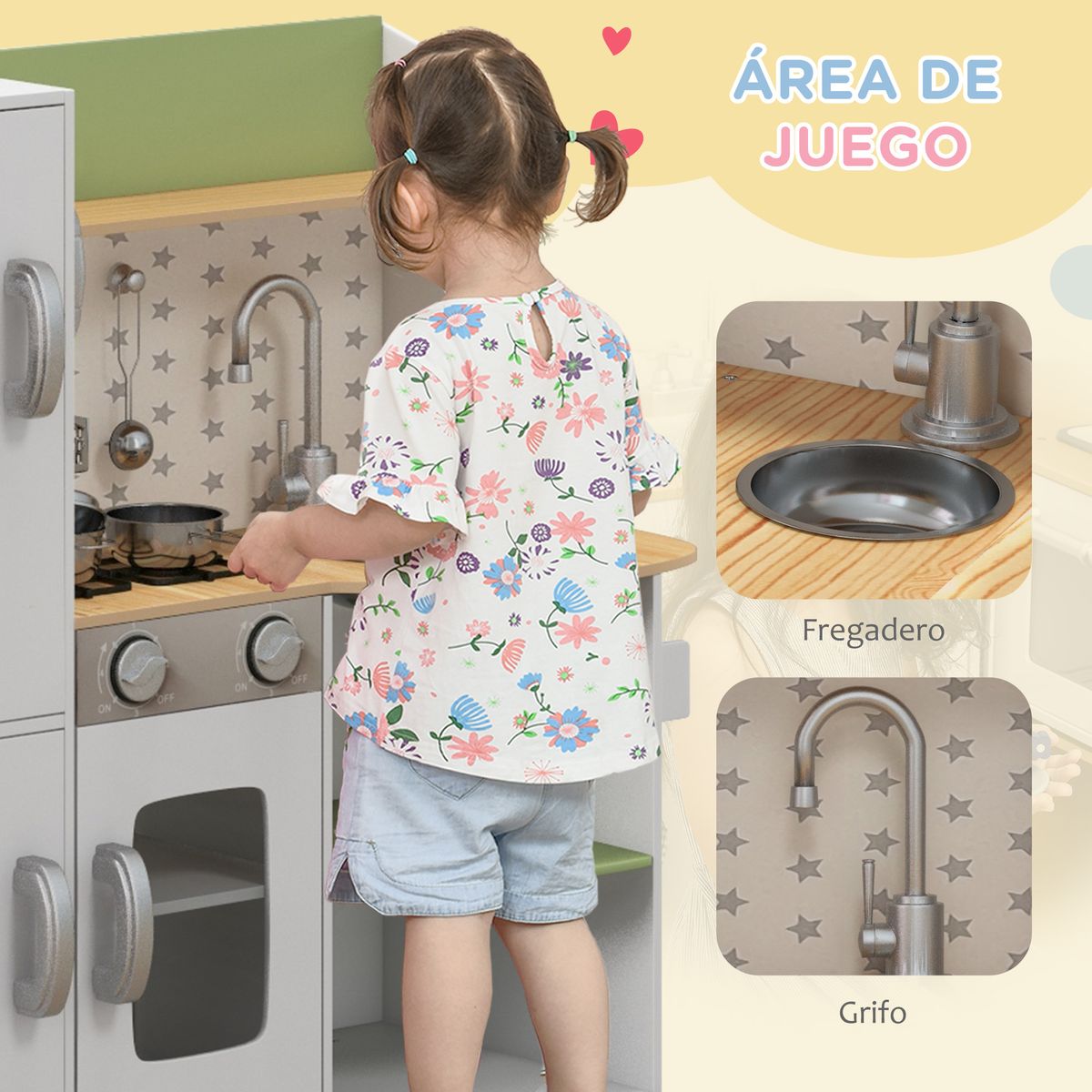 Cocinita infantil Aiyaplay con utensilios madera 3-6A blanco 89x84x34 cm
