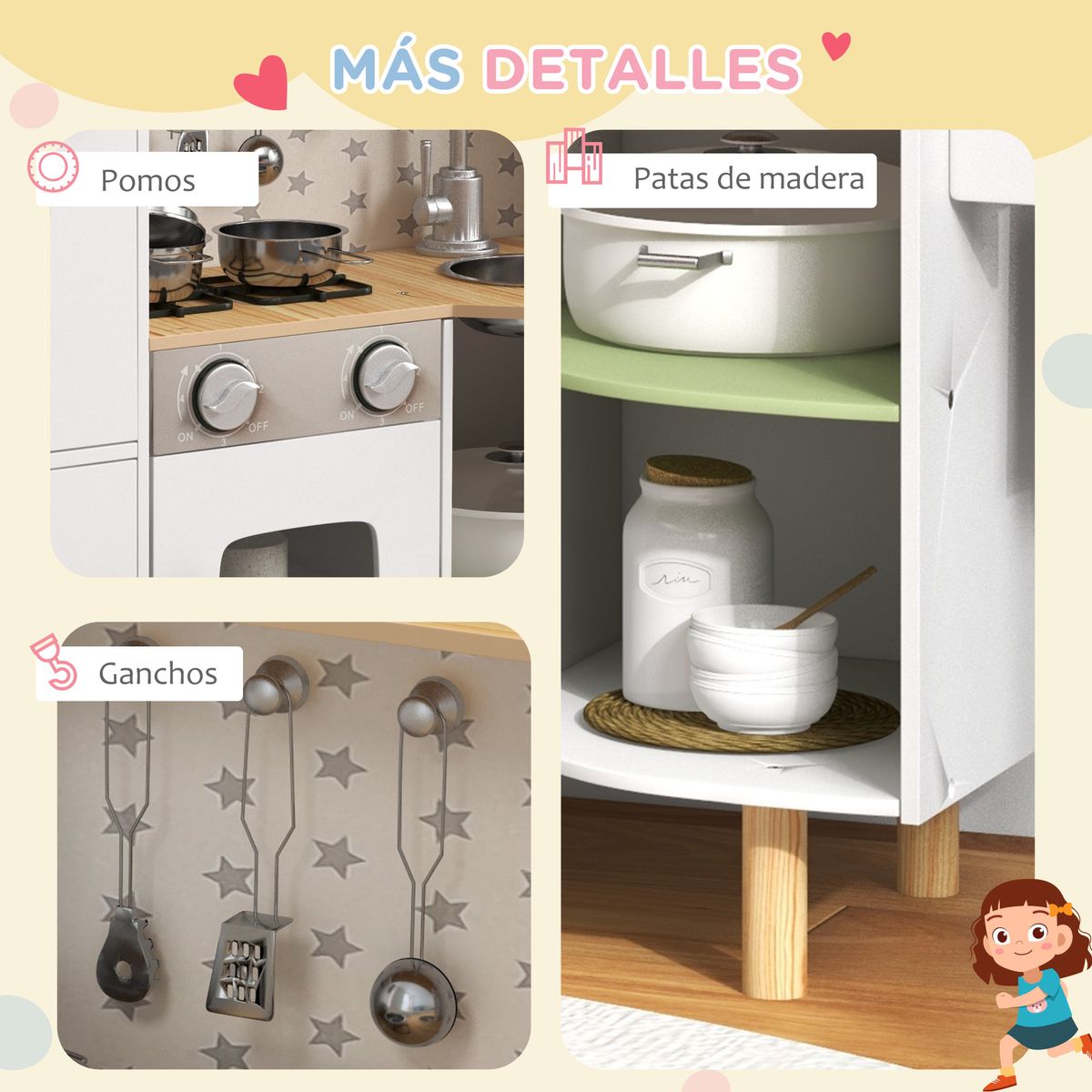 Cocinita infantil Aiyaplay con utensilios madera 3-6A blanco 89x84x34 cm