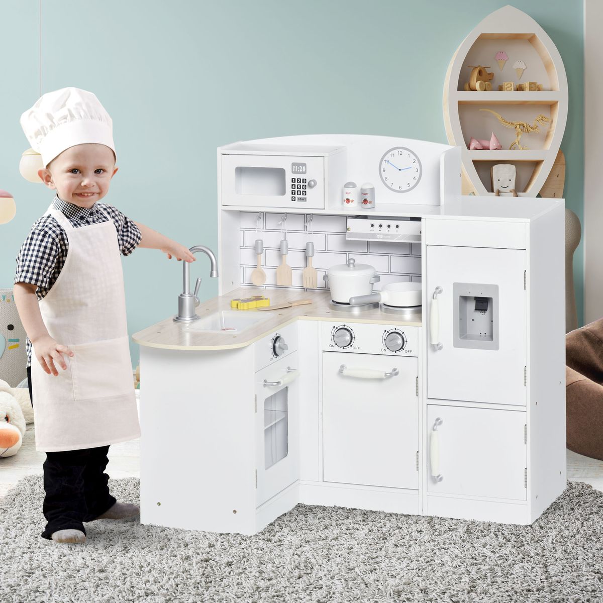 Cocinita infantil Nubbe Homcom 14 accesorios con sonidos blanco 84,5x86x64 cm animada