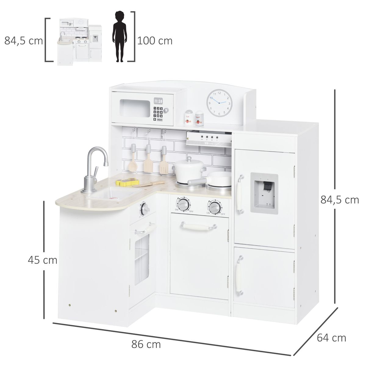 Cocinita infantil Nubbe Homcom 14 accesorios con sonidos blanco 84,5x86x64 cm medidas