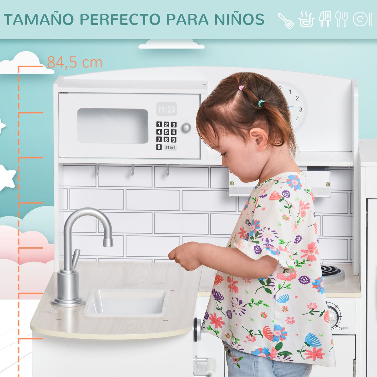 Cocinita infantil Nubbe Homcom 14 accesorios con sonidos blanco 84,5x86x64 cm