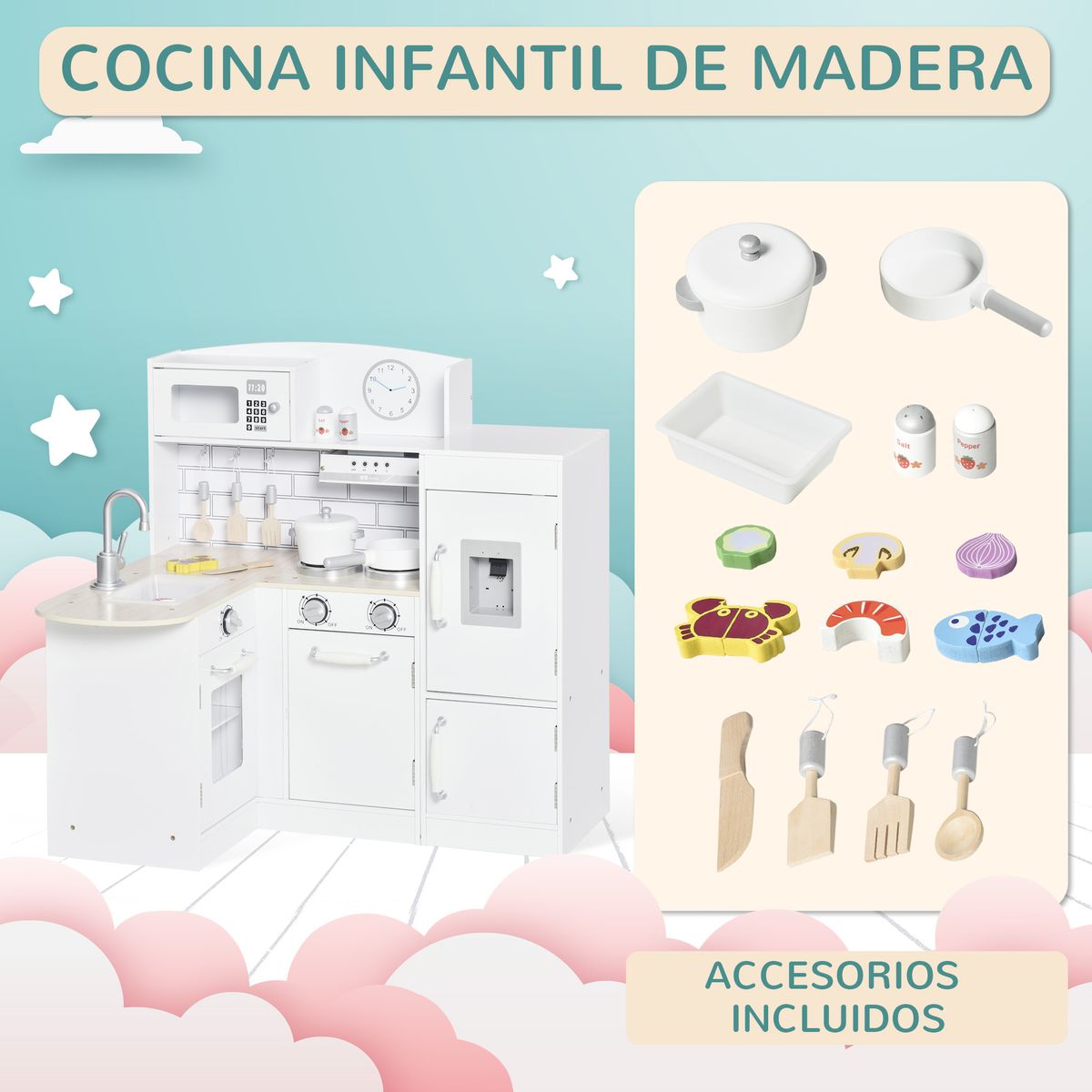 Cocinita infantil Nubbe Homcom 14 accesorios con sonidos blanco 84,5x86x64 cm