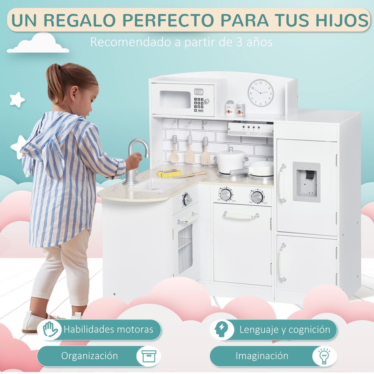 Cocinita infantil Nubbe Homcom 14 accesorios con sonidos blanco 84,5x86x64 cm web