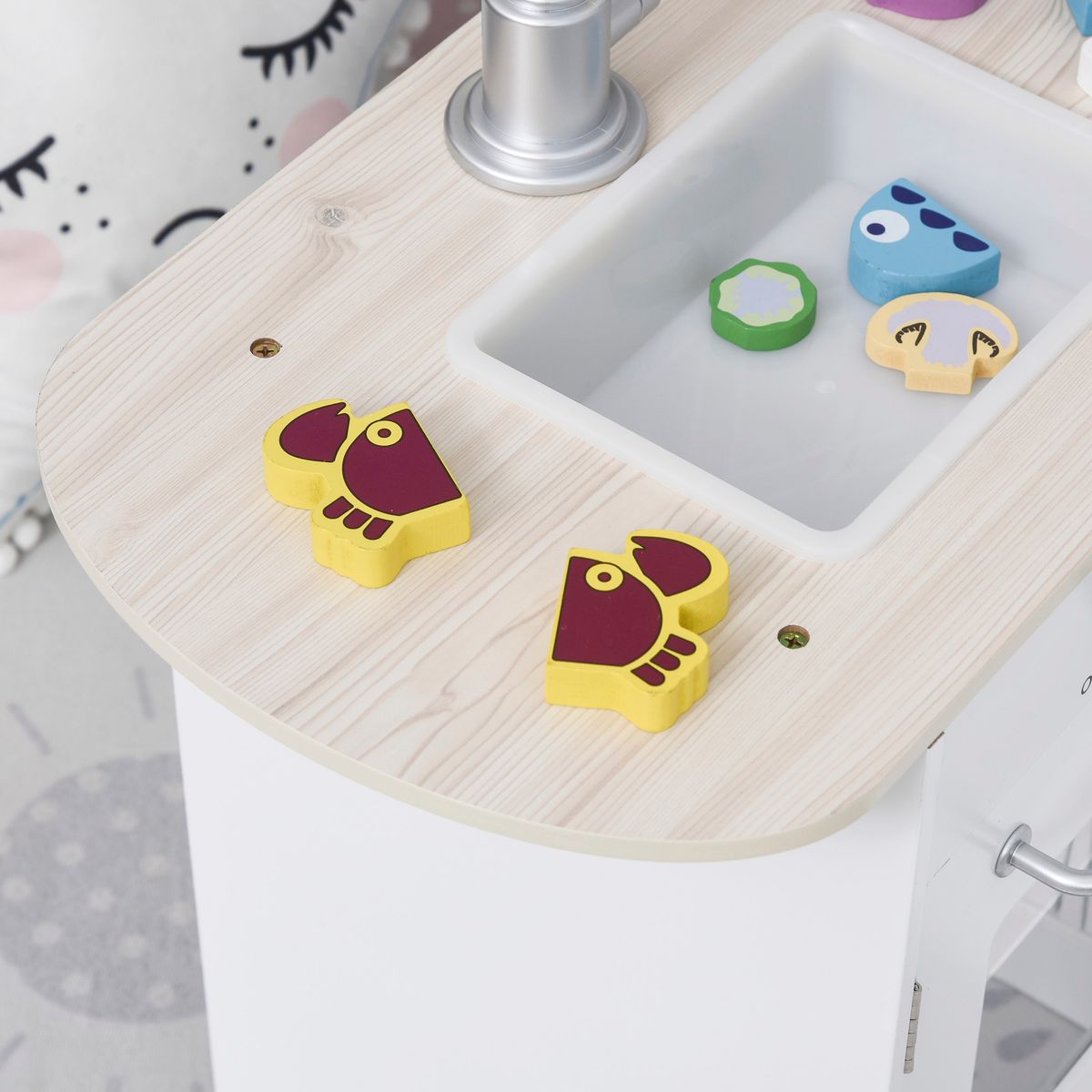 Cocinita infantil Nubbe Homcom 14 accesorios con sonidos blanco 84,5x86x64 cm detalle
