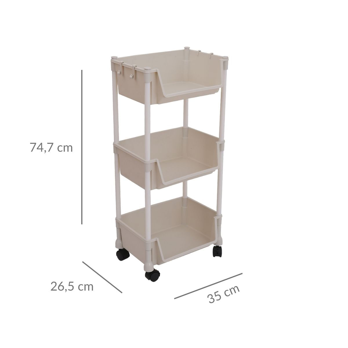 Estantería de almacenamiento móvil con 3 niveles y ruedas 74,7x35x26,5 cm