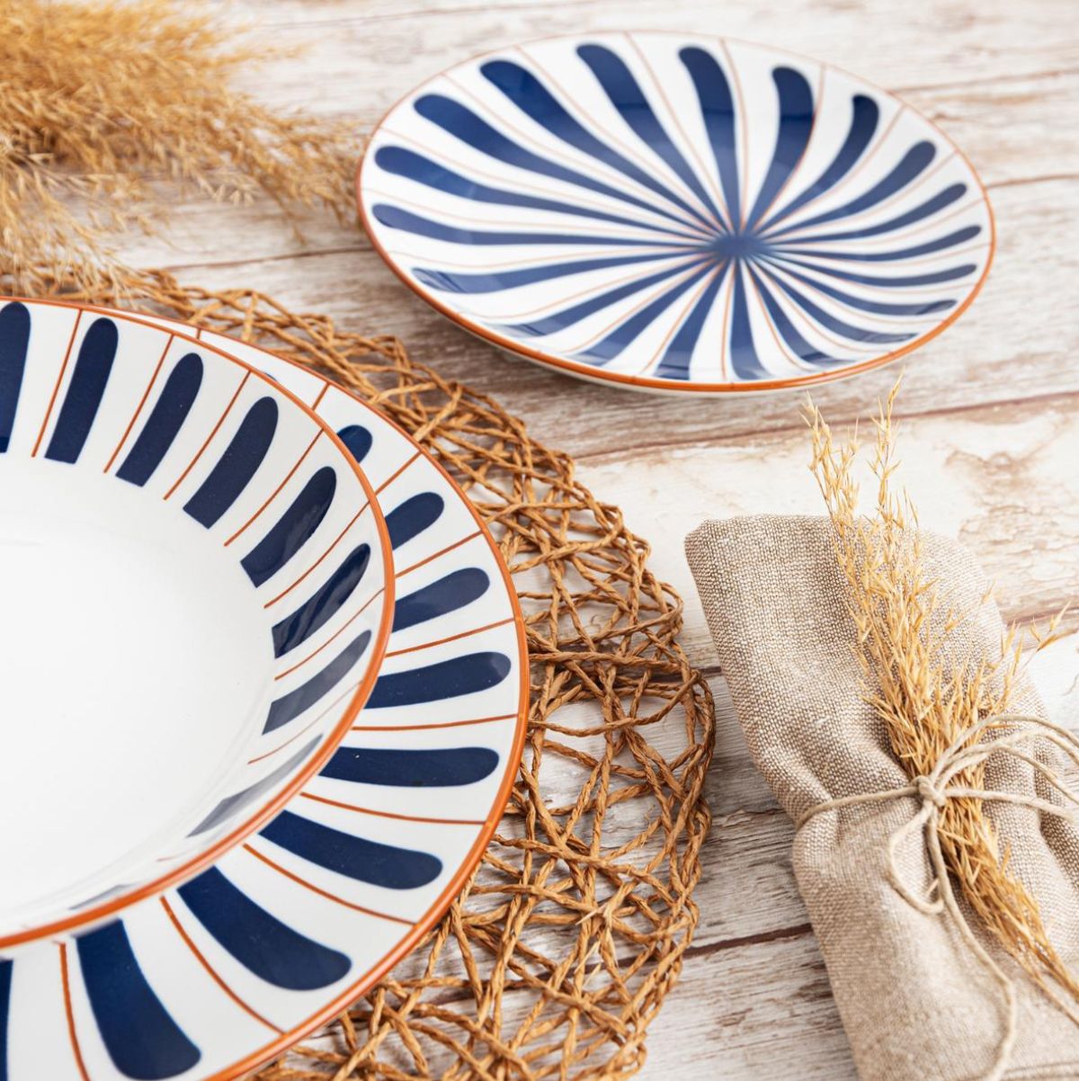 Vajilla Oceanika Bidasoa 18 piezas 6 servicios porcelana azul/marrón detalle
