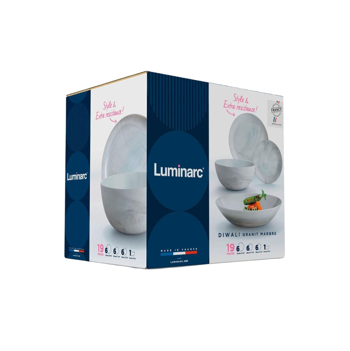 Vajilla Diwali Grant Marb Luminarc 18 piezas 6 servicios vidrio opal gris caja