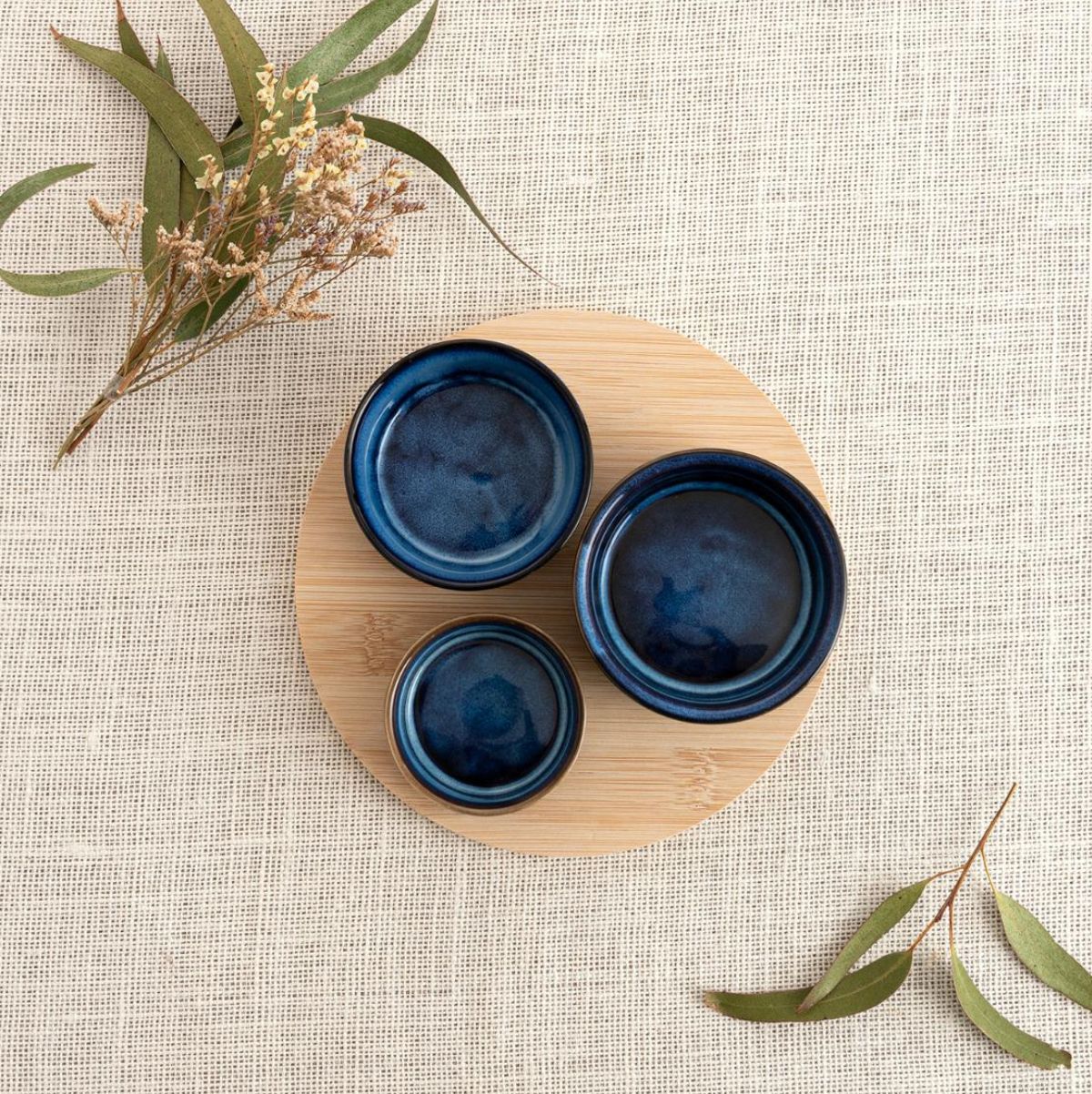Tabla de aperitivo Moana Bidasoa 3 cuencos cerámica natural/azul