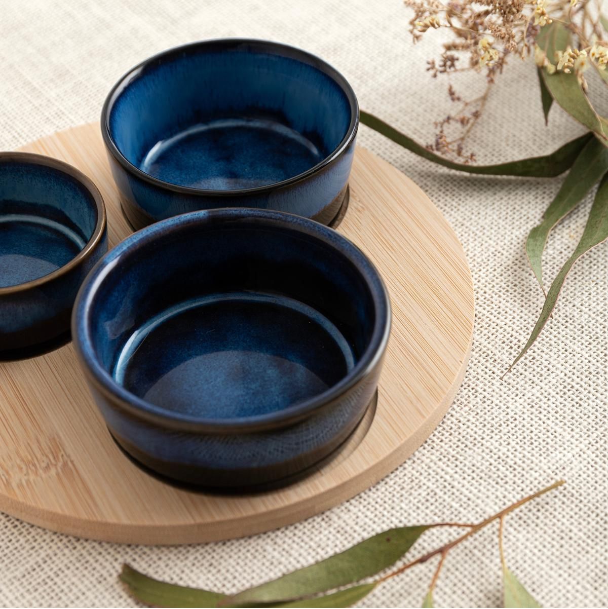 Tabla de aperitivo Moana Bidasoa 3 cuencos cerámica natural/azul  detalle