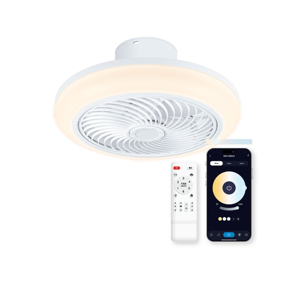 Ventilador de techo Siroco 43W aspas reversibles con altavoz 3000lm blanco Ø46 cm luz calida