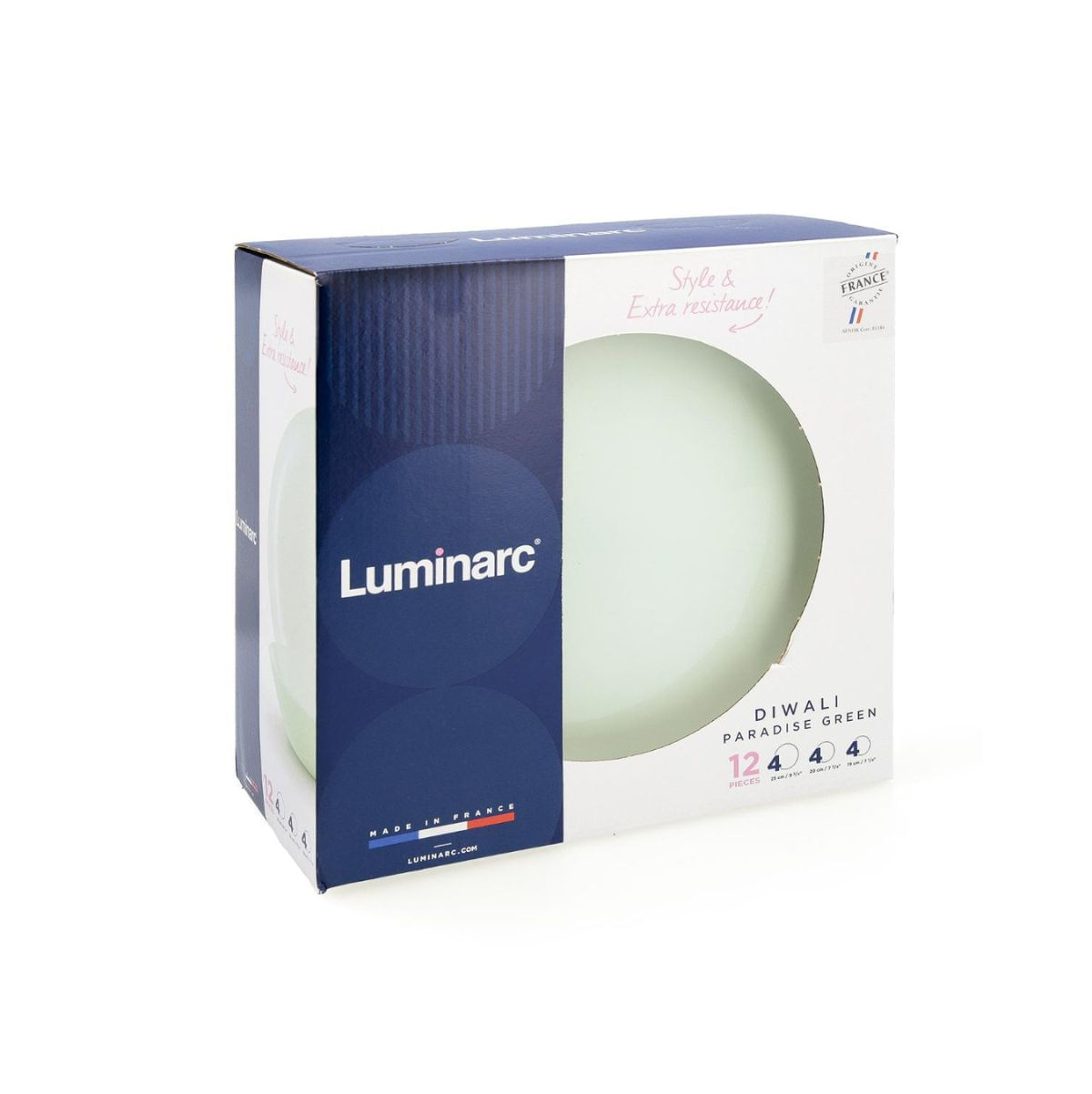 Vajilla Diwali Paradise Luminarc 12 piezas 4 servicios vidrio opal verde caja