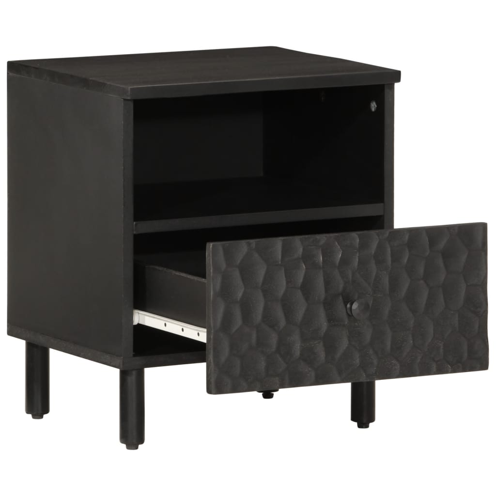 Mesita de noche Macadamia cajón + compartimento madera de mango negro 46x40x33 cm fondo blanco