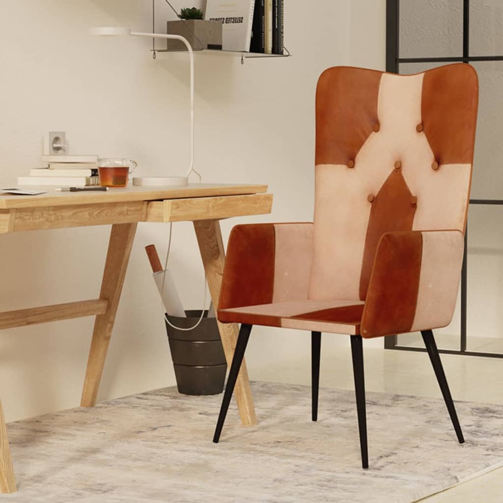 Sillón orejero Remo marrón/crema cuero 97x41x55 cm