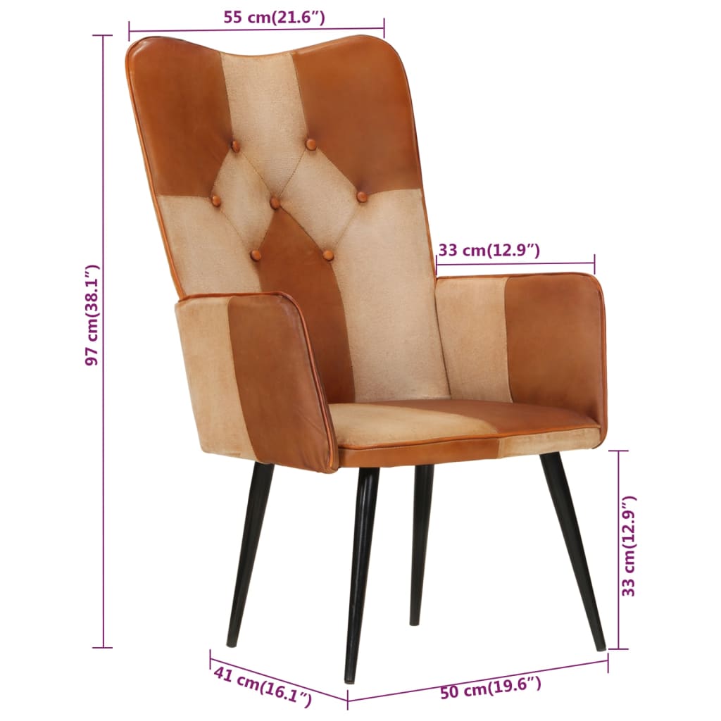 Sillón orejero Remo marrón/crema cuero 97x41x55 cm