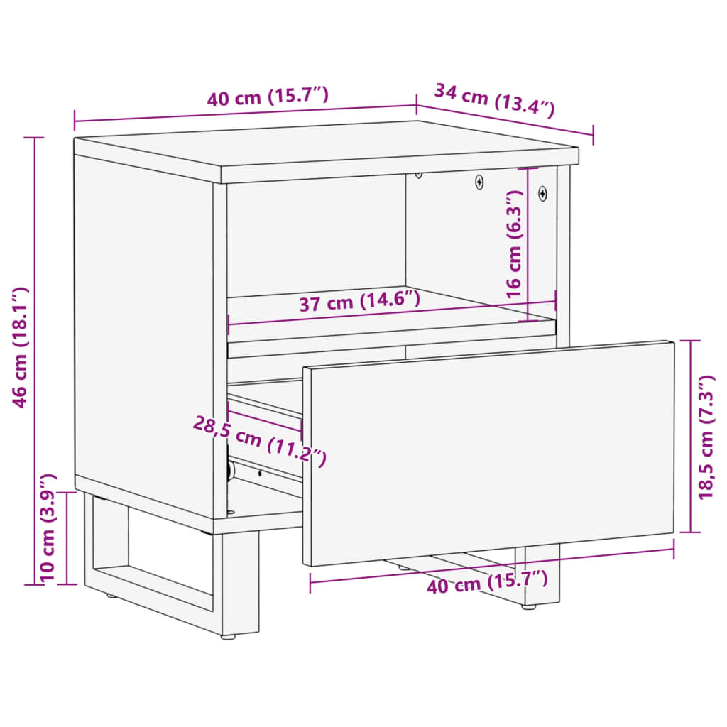 Mesita de noche Clavelina 1 cajón + compartimento madera de mango marrón oscuro 46x40x34 cm medidas